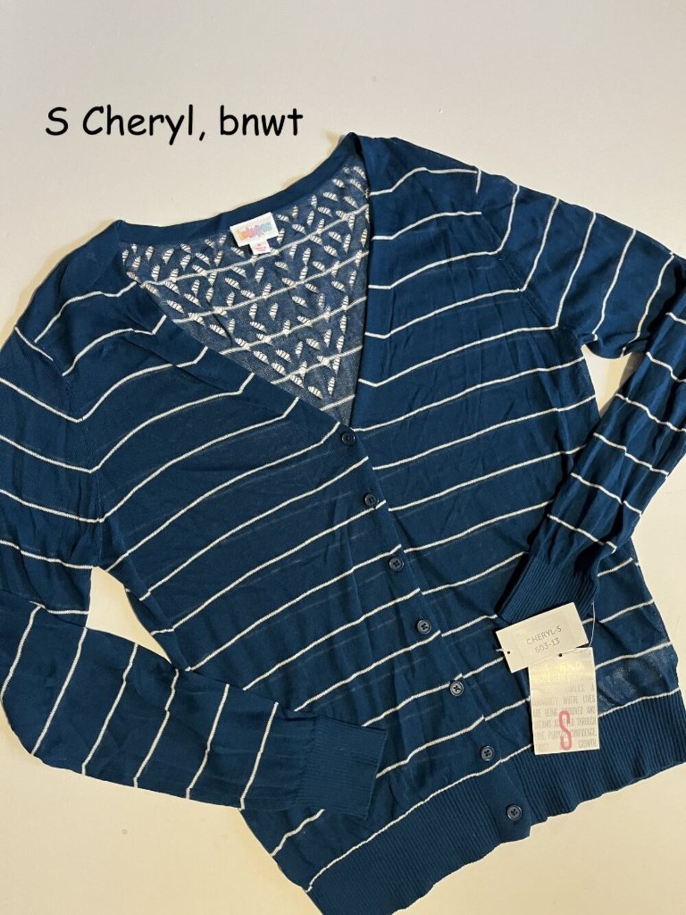 Small Lularoe Cheryl lightweight button cardigan, teal with white stripes